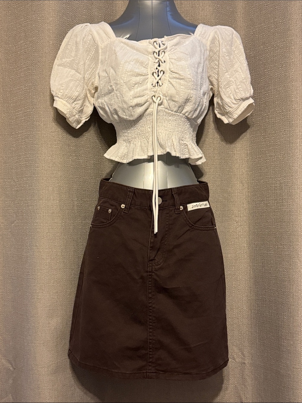 Dark Brown A-Line Skirt with White Puff Sleeve Hobo Crop Top Set